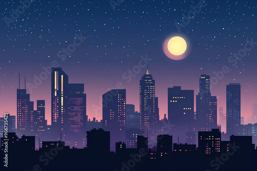 A digital illustration of a city skyline at night with a glowing moon and starry sky.