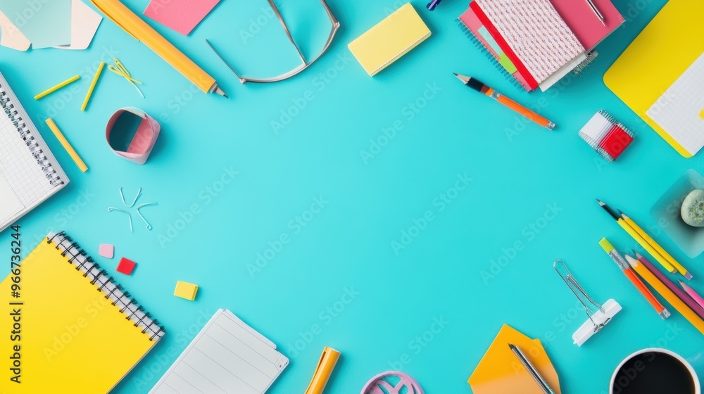 Colorful School and Office Supplies on a Tidy Minimalist Desk with Copy Space Colorful School and Office Supplies on a Tidy Minimalist Desk with Copy Space