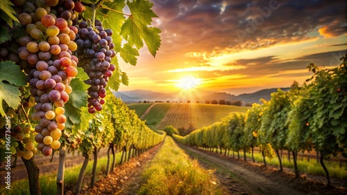 Vineyard with luscious ripe grapes bathed in golden sunset light in a tranquil countryside setting