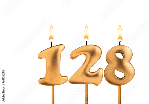 Golden candle number 128 - Birthday on white background