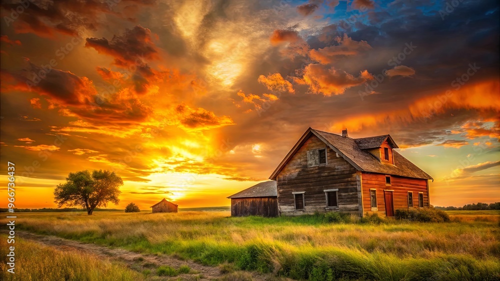 Orange sunset over a rustic farm landscape with an old house Orange sunset over a rustic farm landscape with an old house