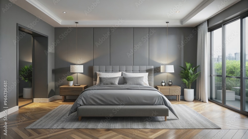 Fototapeta premium Spotless elegant minimal bedroom in shades of grey, minimalist, contemporary, sleek, clean, stylish, chic