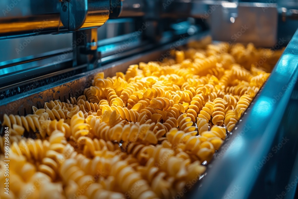 Close-up of Rotini Pasta on a Conveyor Belt in a Factory Setting Close-up of Rotini Pasta on a Conveyor Belt in a Factory Setting