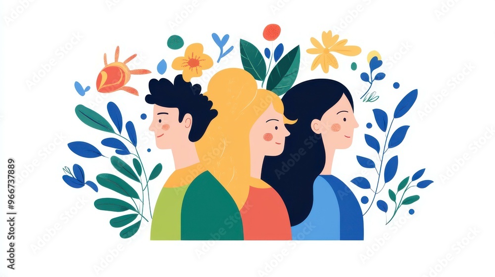 Fototapeta premium Explore the diverse psychology of people through this vibrant, modern flat vector illustration with a playful touch.