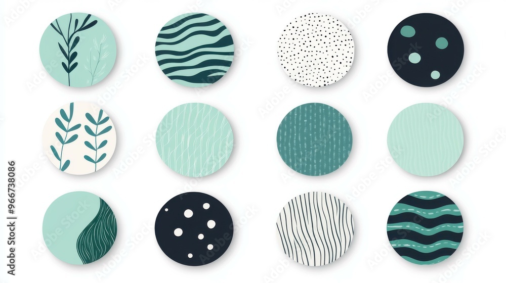 Fototapeta premium Vibrant round badges with mint, green, and blue hues, showcasing modern cartoonstyle textures for a fresh look.