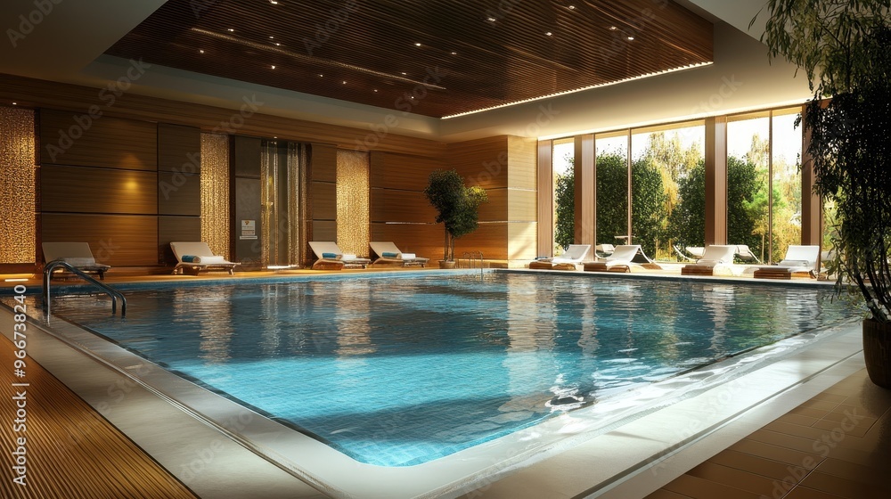 Obraz premium A large pool with a view of trees and a potted plant