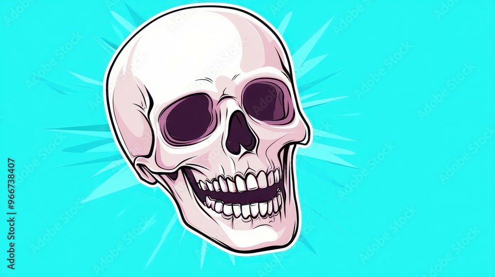 Fototapeta premium A vibrant cartoon illustration of a male skull with a playful design, set against a clean background.