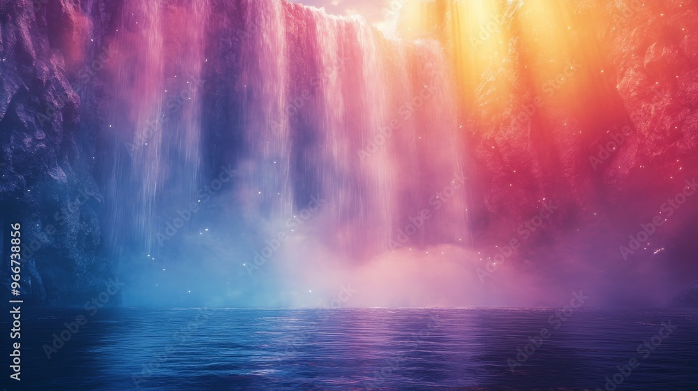 Fototapeta premium Mystical Waterfall With Glowing Lights and Fog