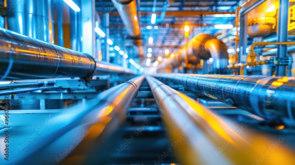 A close-up view of industrial pipes in a facility, showcasing engineering and infrastructure. A close-up view of industrial pipes in a facility, showcasing engineering and infrastructure.
