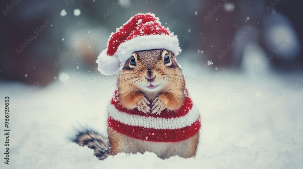 A small squirrel wearing a red and white striped hat and a red and white sweater A small squirrel wearing a red and white striped hat and a red and white sweater