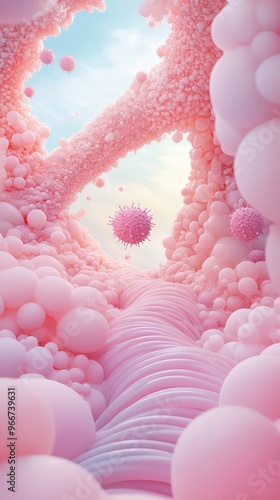 Pink and white spheres in a pink tunnel