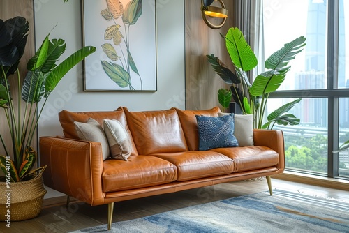 Chen Man's stylish photography captures dawnlit living room with luxurious brown leather sofa, brass legs, warm lighting, and greenery, showcasing a blend of traditional and modern elegance photo