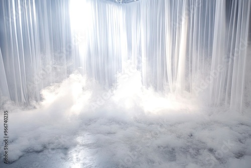 White smoke or fog flowing across the floor creates a mysterious and ethereal atmosphere. This effect is perfect for enhancing the ambiance of theatrical productions, photo shoots, or special , ai