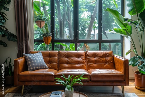 Chen Man's stylish photography captures dawnlit living room with luxurious brown leather sofa, brass legs, warm lighting, and greenery, showcasing a blend of traditional and modern elegance photo