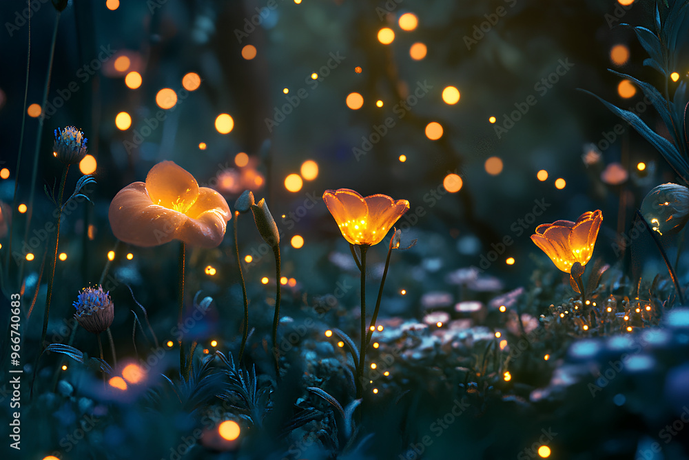 A serene night scene featuring glowing flowers amidst a dreamy, enchanted atmosphere. A serene night scene featuring glowing flowers amidst a dreamy, enchanted atmosphere.