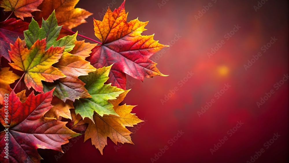 Close up shot of colorful autumn leaves against a solid red backdrop, symbolizing seasonal change and natural beauty Close up shot of colorful autumn leaves against a solid red backdrop, symbolizing seasonal change and natural beauty