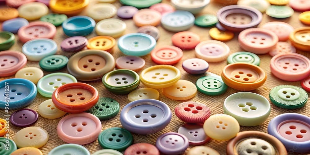 Close-up shot of realistic buttons with different textures and colors on a pastel background Close-up shot of realistic buttons with different textures and colors on a pastel background