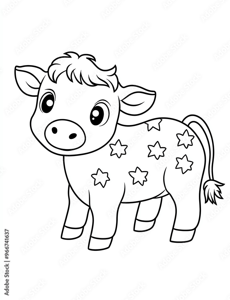 Fototapeta premium Cute baby cow with stars on its fur coloring page for kids, in the style of kawaii without background,