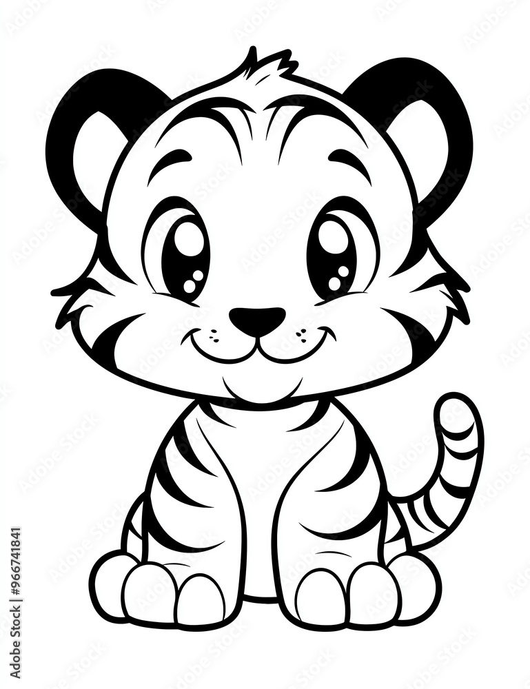 Cute cartoon baby tiger coloring page, with simple and smooth black lines on a white background for kids Cute cartoon baby tiger coloring page, with simple and smooth black lines on a white background for kids