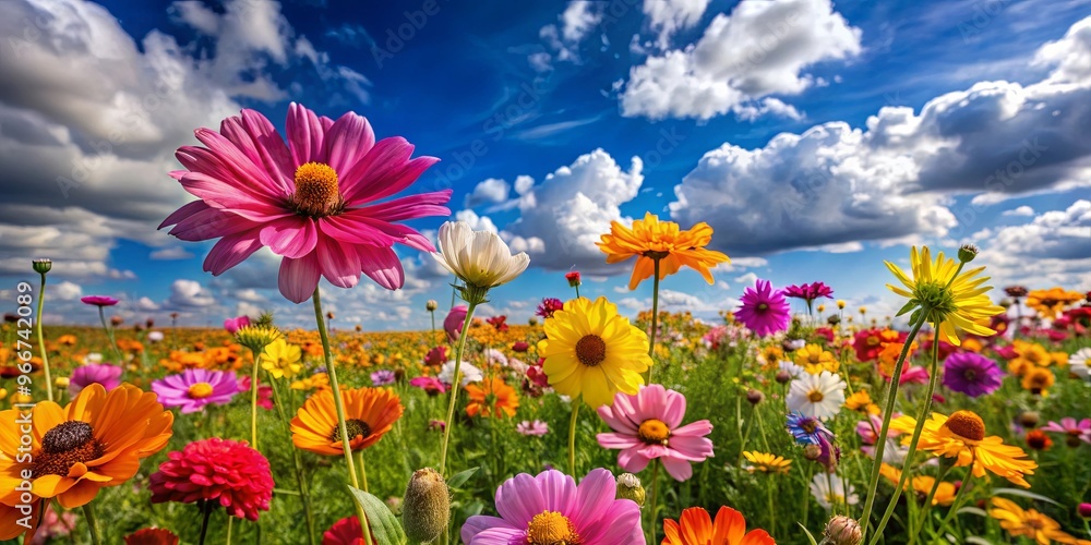 Close up view of vibrant blooms in a flower field with a sky and clouds background Close up view of vibrant blooms in a flower field with a sky and clouds background