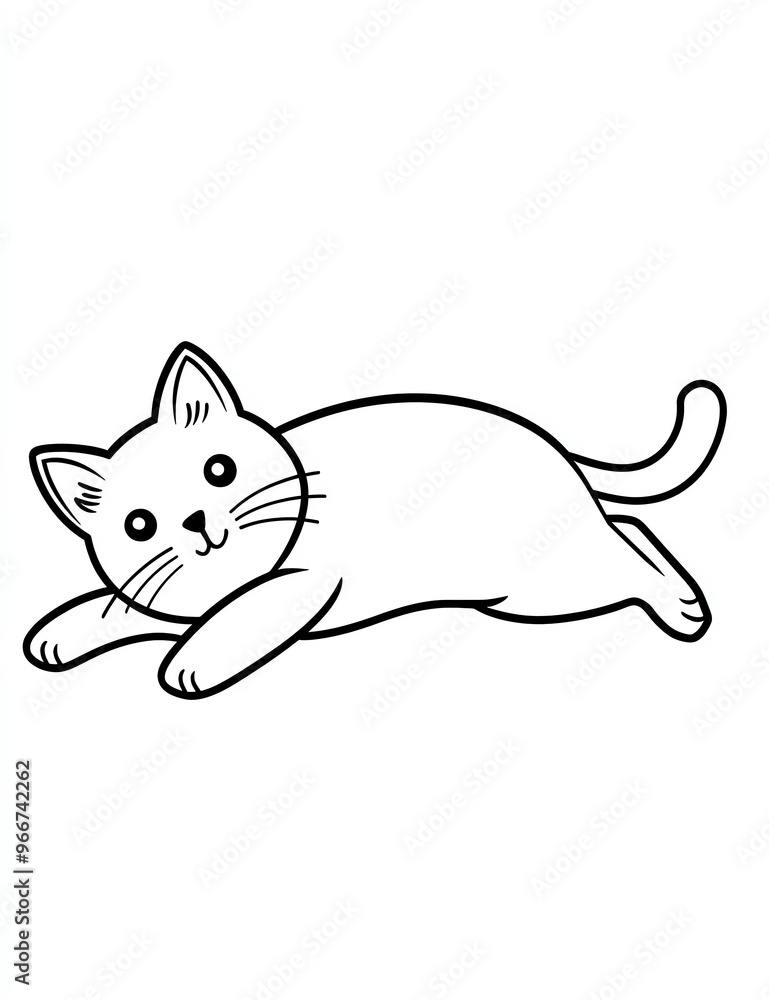 Naklejka premium Cute, simple cartoon illustration of a cat lying down on its side, suitable for a coloring book page for kids