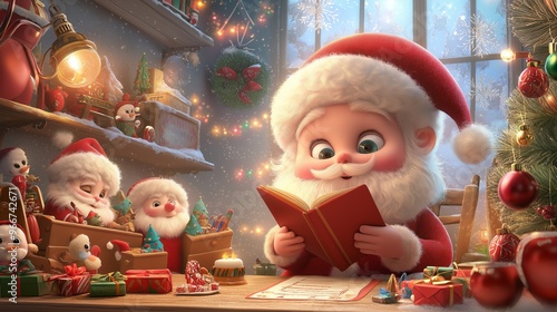 Cute Santa Claus Reading Christmas List with Presents and Toys