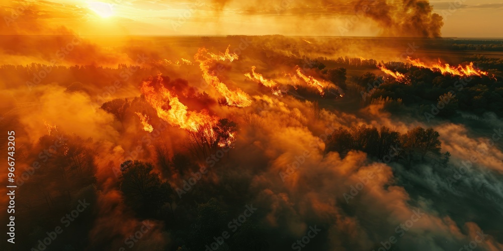 Aerial view of spring grassland and forest engulfed in large flames and smoke Aerial view of spring grassland and forest engulfed in large flames and smoke