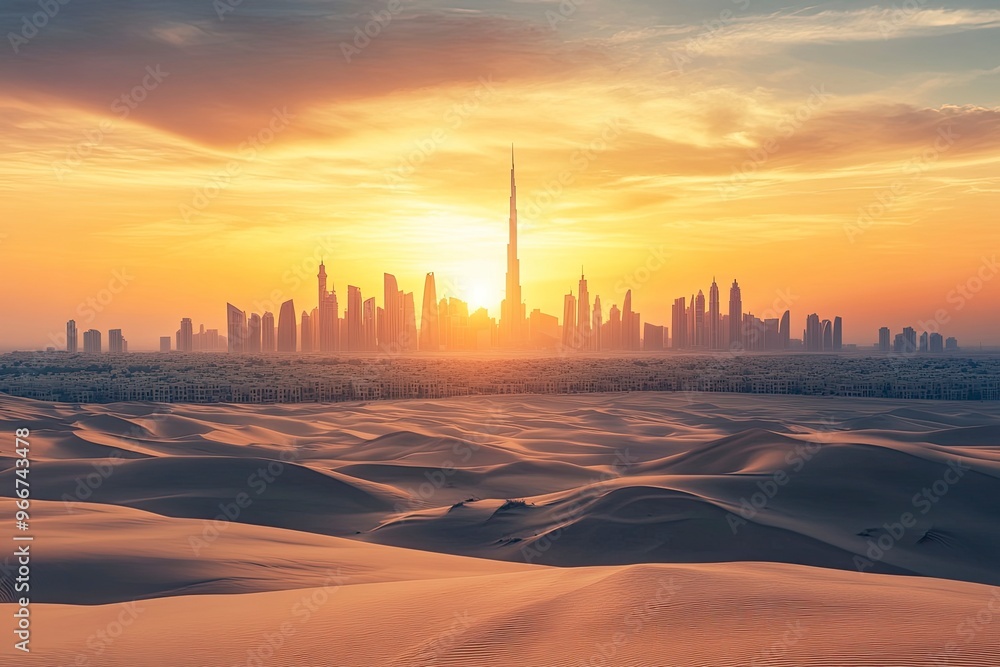 Dubai Skyline at Sunset with Desert Dunes – Captivating Blend of Modern Architecture and Desert Adventure, ai Dubai Skyline at Sunset with Desert Dunes – Captivating Blend of Modern Architecture and Desert Adventure, ai