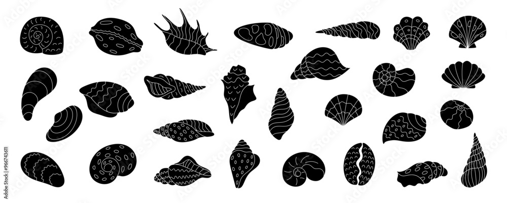 Vetor de Black silhouette illustrations of seashells. Various shellfish ...