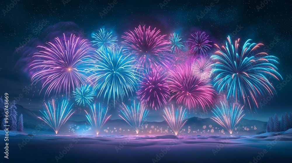 Fototapeta premium Winter Fireworks Display Over Snowy Landscape