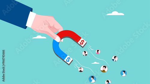 Customer acquisition cost, marketing expense on customer retention, advertising cost for lead generation, big businessman hand uses magnet with dollar symbol on the field to attract customers