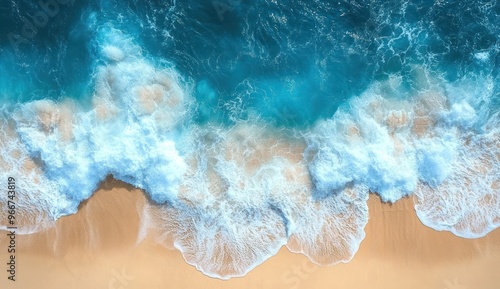 Aerial View of Ocean Waves Crashing on Sandy Beach