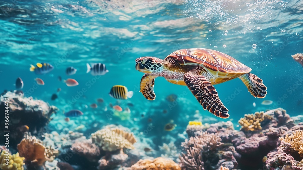 A diver swims in the depths of the ocean among corals and looks at a large sea turtle. Marine flora. Scuba diving. A diver swims in the depths of the ocean among corals and looks at a large sea turtle. Marine flora. Scuba diving.