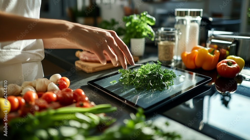 Hand tapping on a smart kitchen tablet, following a recipe with ingredients neatly arranged Hand tapping on a smart kitchen tablet, following a recipe with ingredients neatly arranged
