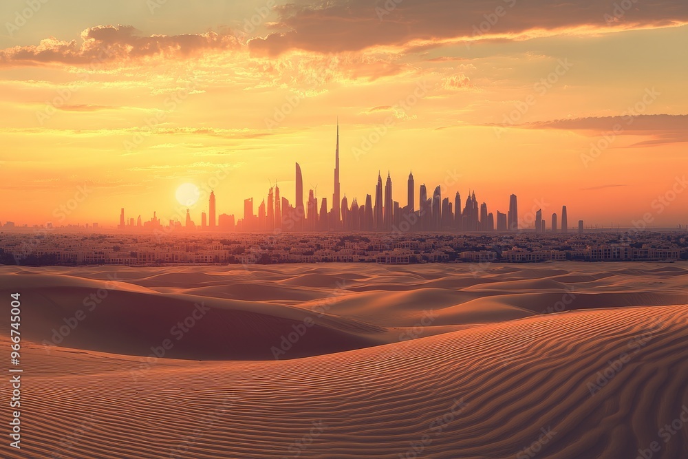 Obraz premium Dubai Skyline at Sunset with Desert Dunes – Captivating Blend of Modern Architecture and Desert Adventure, ai