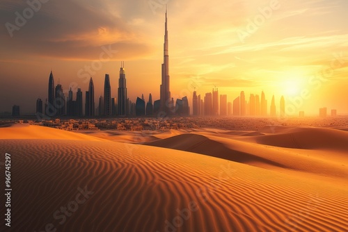 Dubai Skyline at Sunset with Desert Dunes â€“ Captivating Blend of Modern Architecture and Desert Adventure, ai