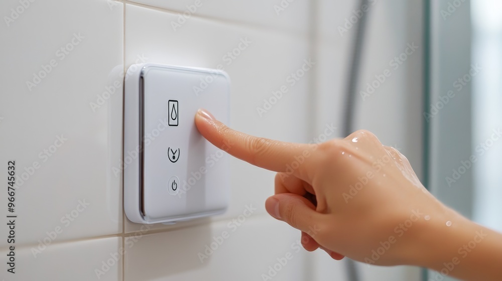 Finger pressing a smart water heater control, adjusting shower temperature Finger pressing a smart water heater control, adjusting shower temperature