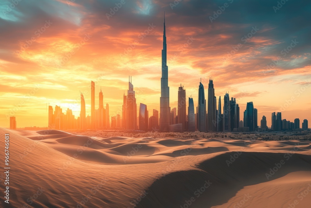 Dubai Skyline at Sunset with Desert Dunes – Captivating Blend of Modern Architecture and Desert Adventure, ai Dubai Skyline at Sunset with Desert Dunes – Captivating Blend of Modern Architecture and Desert Adventure, ai