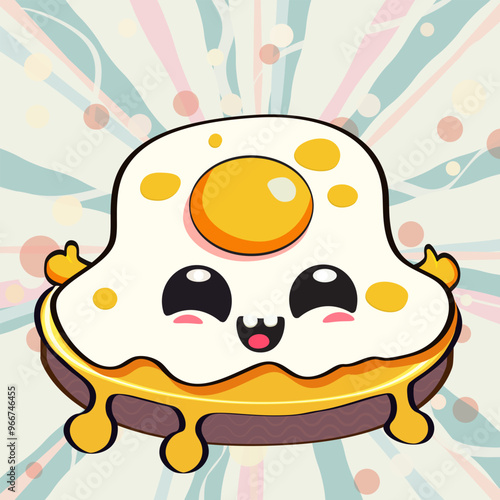 Egg on toast kawaii style retro vibe. Thumbs up smiling egg on toast with cheese and retro background. Breakfast hero, character, sunny side up!