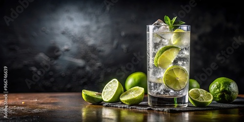 A refreshing gin tonic cocktail with lime and ice on a dark bar background