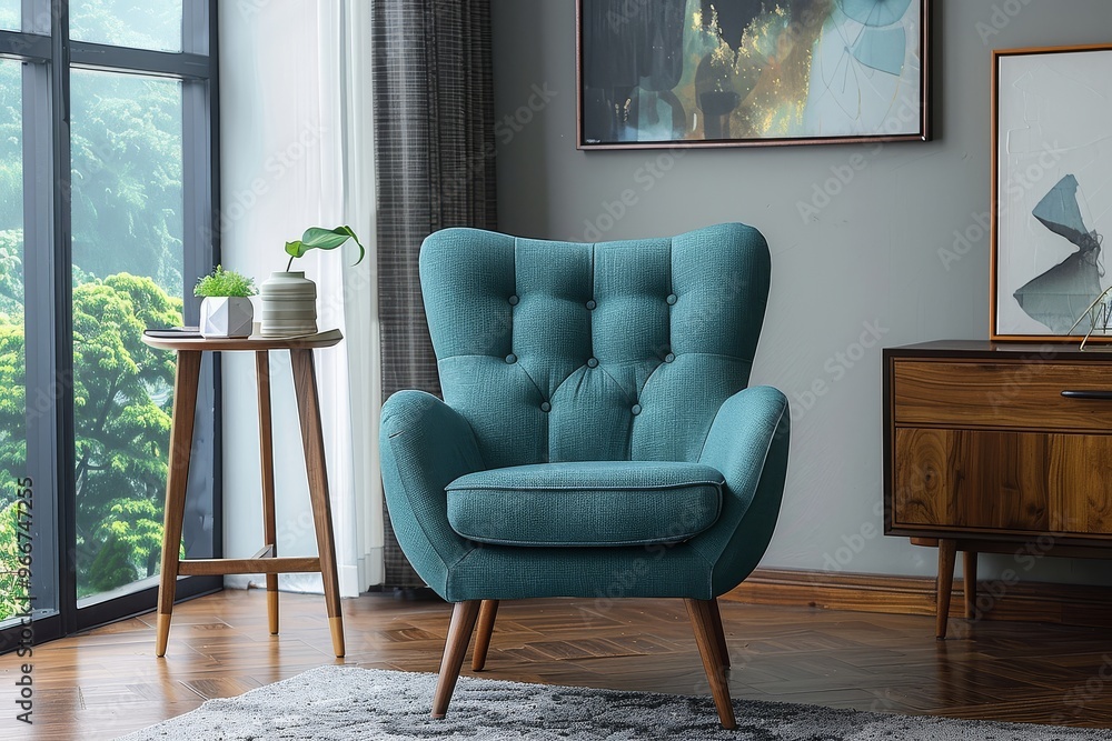 Teal Blue Mid-Century Modern Slim Flared Armchair with Button Detail and Wooden Legs, Grey Rug and Side Table in Living Room Setting Teal Blue Mid-Century Modern Slim Flared Armchair with Button Detail and Wooden Legs, Grey Rug and Side Table in Living Room Setting