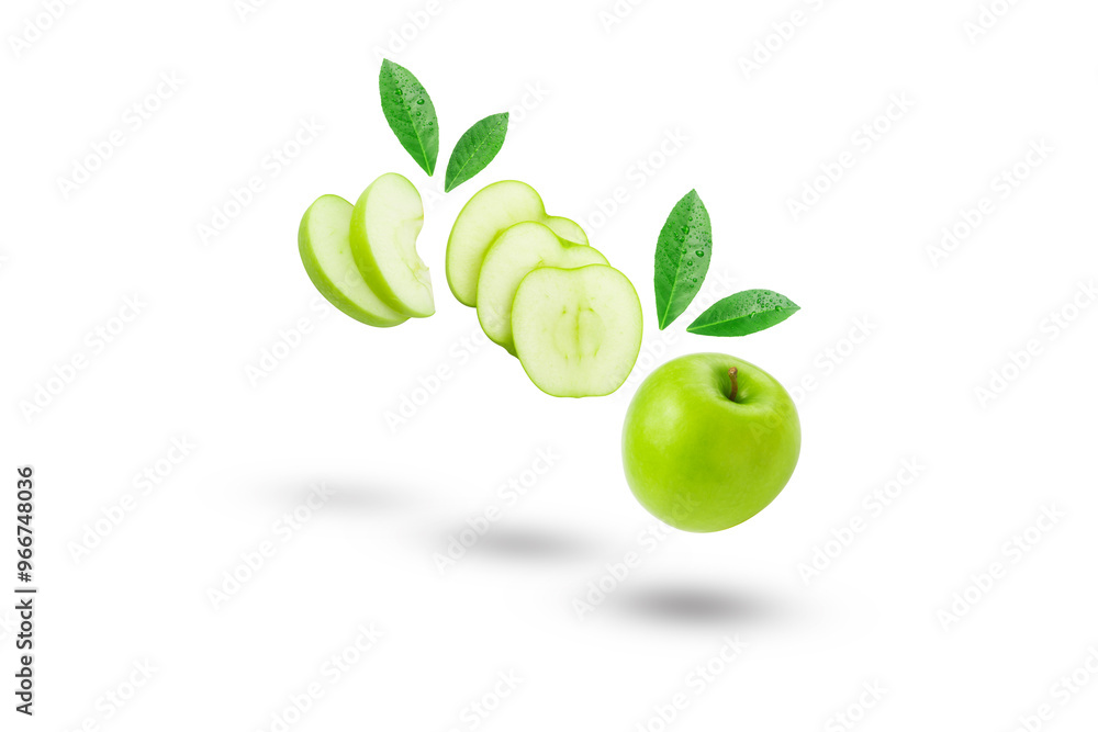 Flying green apple with slices and green leaf isolated on white background , clipping path. Flying green apple with slices and green leaf isolated on white background , clipping path.