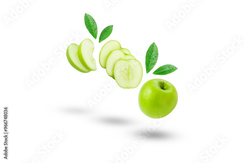 Wallpaper Mural Flying green apple with slices and green leaf isolated on white background , clipping path. Torontodigital.ca