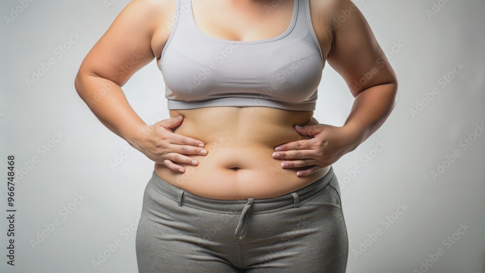 Woman touching her abdominal fat, woman, touch, fat, abdomen, body, health, weight, overweight, self-care Woman touching her abdominal fat, woman, touch, fat, abdomen, body, health, weight, overweight, self-care