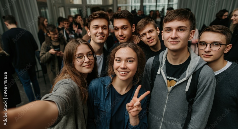 Group of young people smiling and taking a selfie Group of young people smiling and taking a selfie