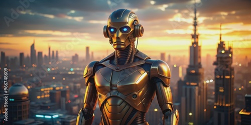 Glowing-eyed bronze android standing in a dusk cityscape shot wide-angle, android, glowing, bronze, dusk