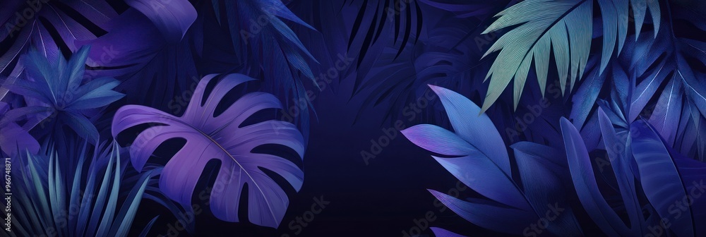 Deep Blue and Purple Tropical Leaves Against a Dark Background Deep Blue and Purple Tropical Leaves Against a Dark Background