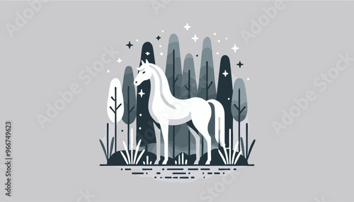 Powerful horses and mystical white horses. Vector illustration.