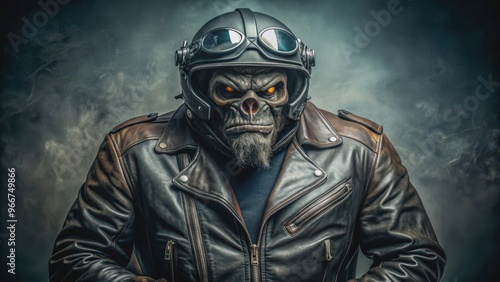 Biker monster wearing a tough leather jacket, biker, monster, leather jacket, tough, motorcycle, creature, cool, spooky