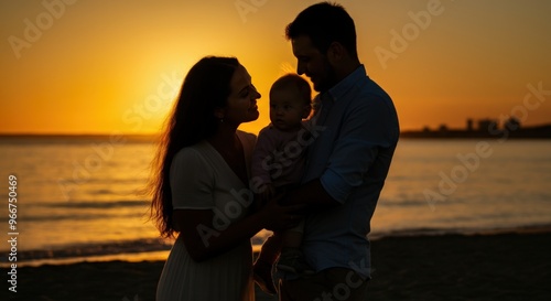 Silhouettes of a Family at Sunset on the Beach